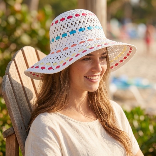 Wide Brim Toyo Straw Accent w/ Colorful Ribbons - White - HT-8213WT